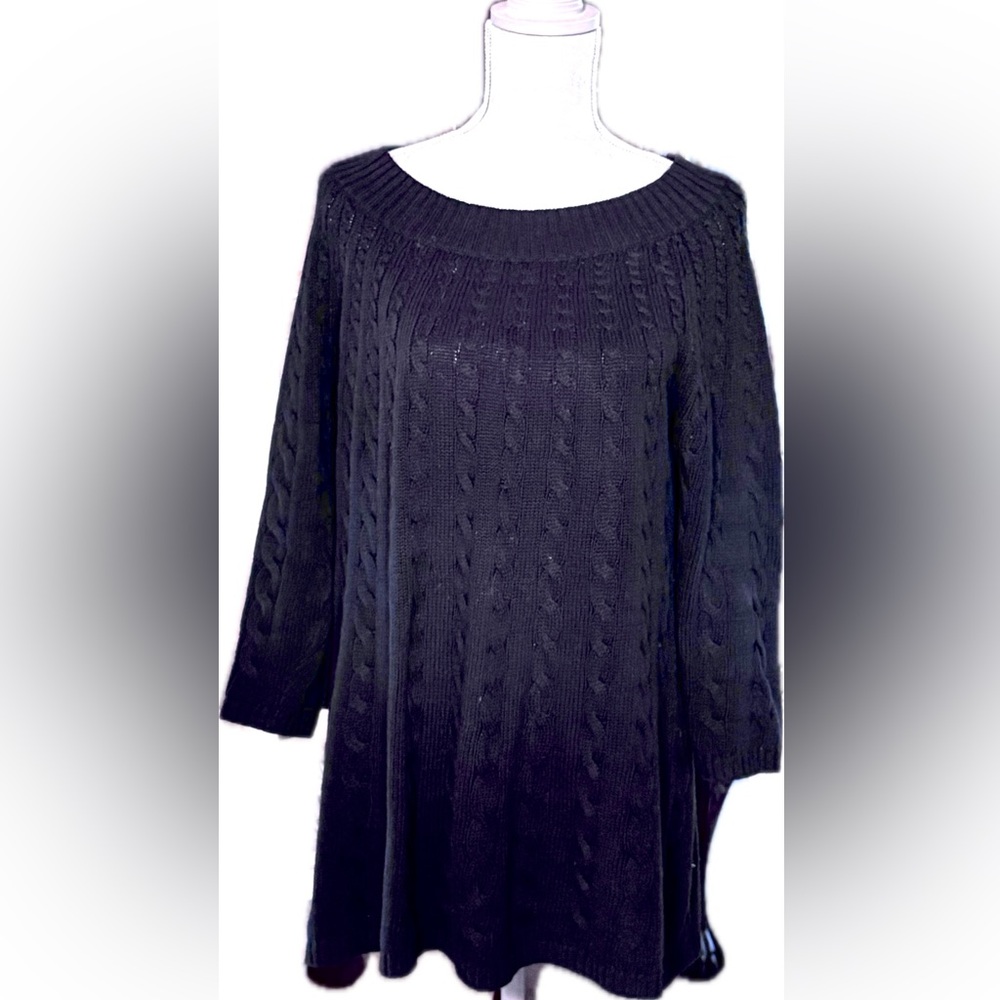 CHARTER CLUB Navy 3/4 sleeve Cable Knit Sweater Boatneck wide collar Sz L Excel